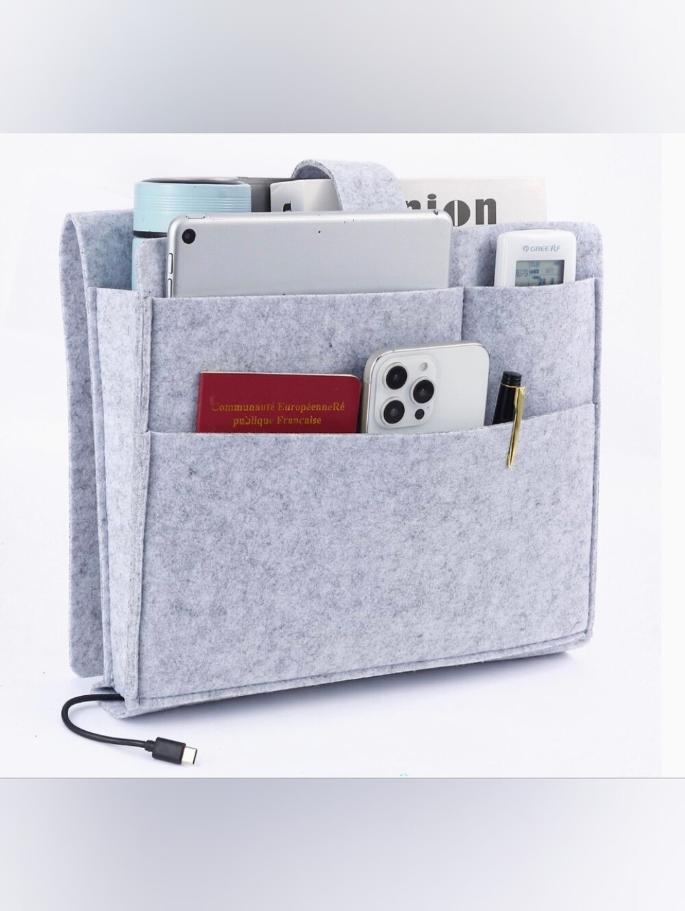 Bed Caddy Organizer, Bunk Bed Shelf Caddy with 4 Pockets Grey